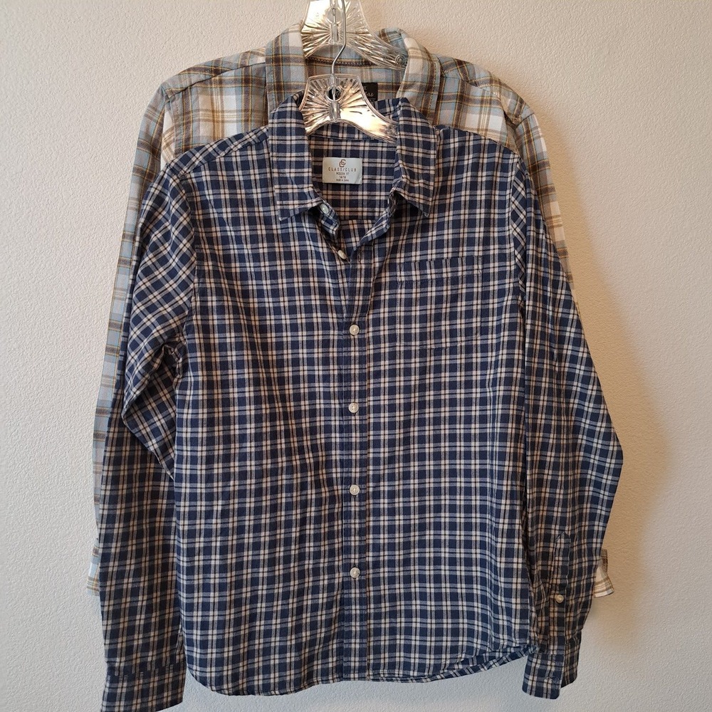Noble Outfitters & Class Club Boys Plaid Button Down Shirts Lot of 2 Blue Tan XL